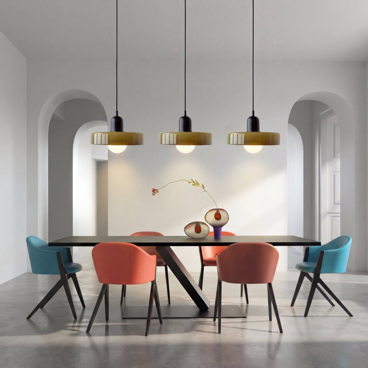 3-Head Bauhaus Colored Glass Pendant Light