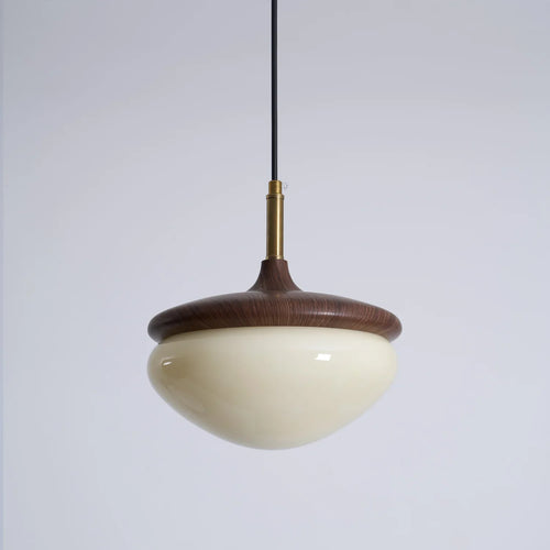 Acorn Pendant Light in Walnut and Brass with Opal Glass Dome