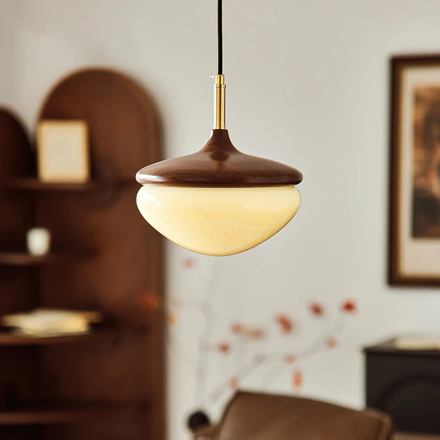 Acorn Pendant Light in Walnut and Brass with Opal Glass Dome