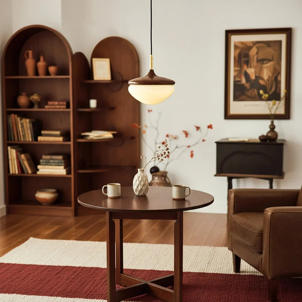 Acorn Pendant Light in Walnut and Brass with Opal Glass Dome