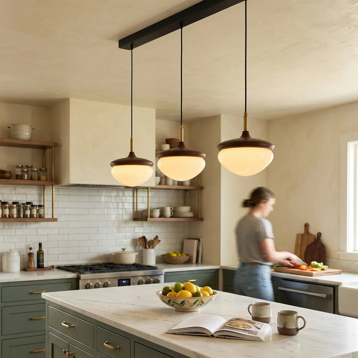 Acorn Pendant Light in Walnut and Brass with Opal Glass Dome