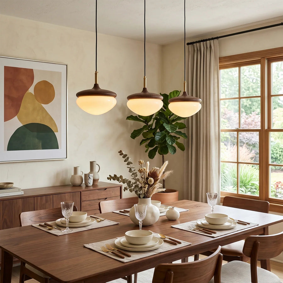 Acorn Pendant Light in Walnut and Brass with Opal Glass Dome