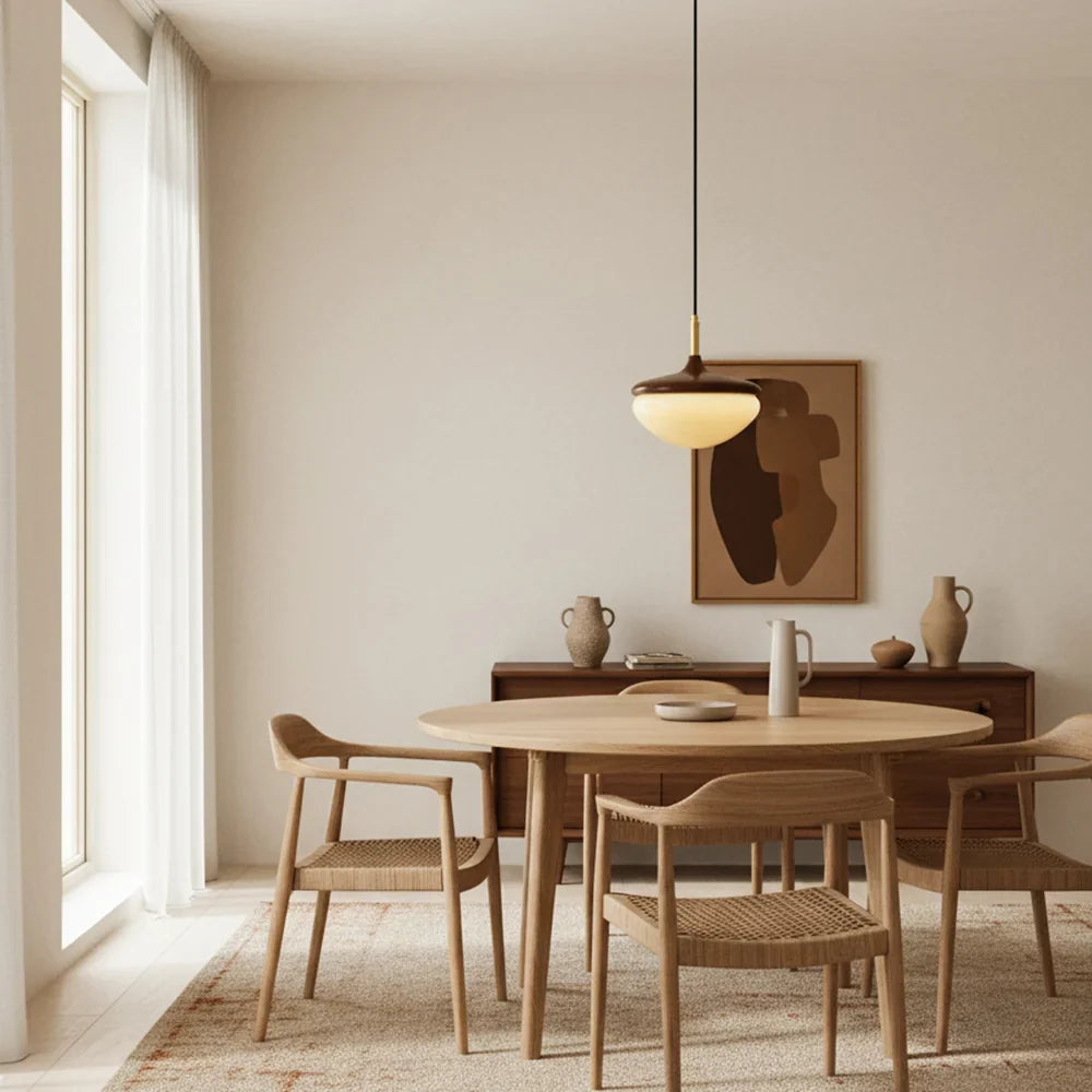 Acorn Pendant Light in Walnut and Brass with Opal Glass Dome
