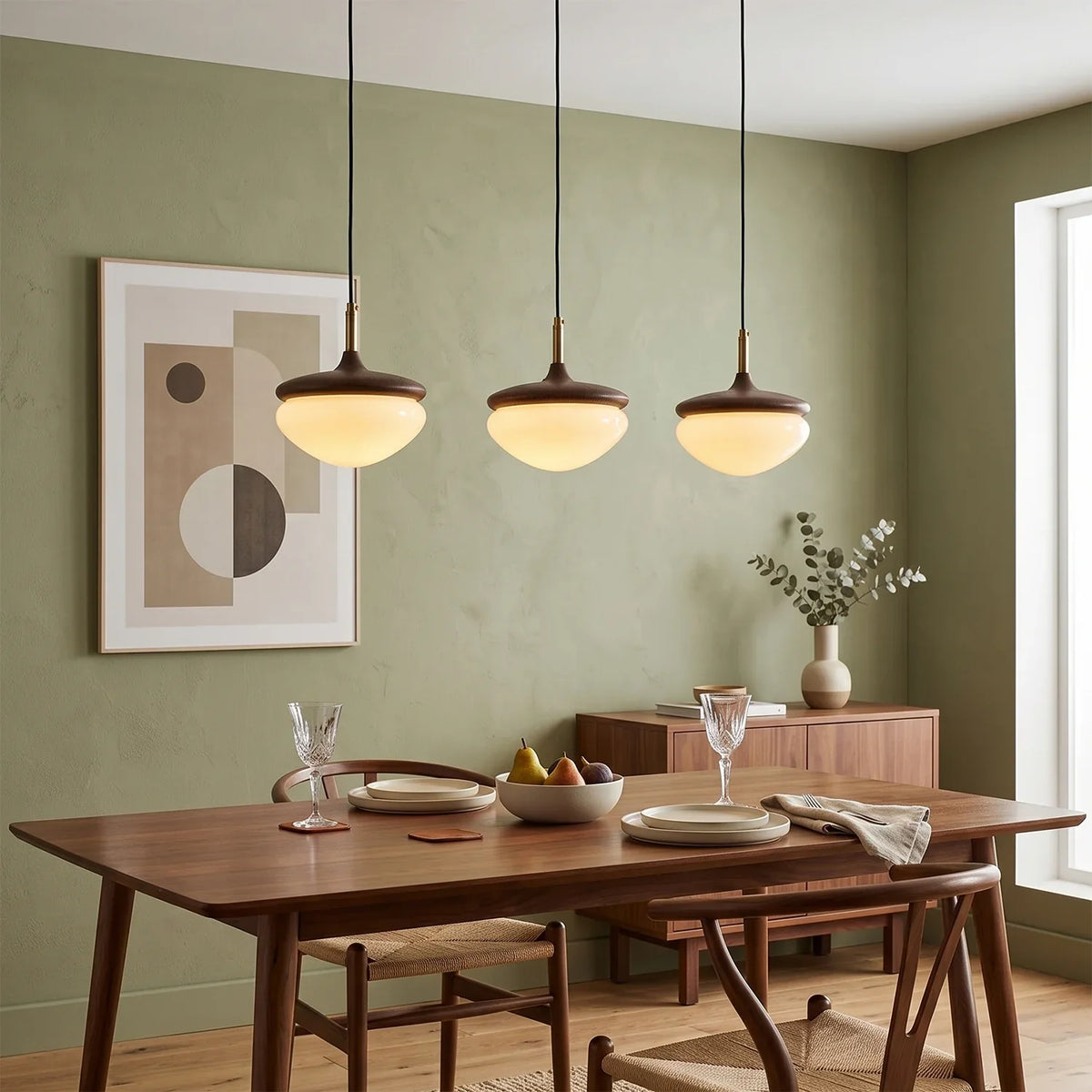 Acorn Pendant Light in Walnut and Brass with Opal Glass Dome