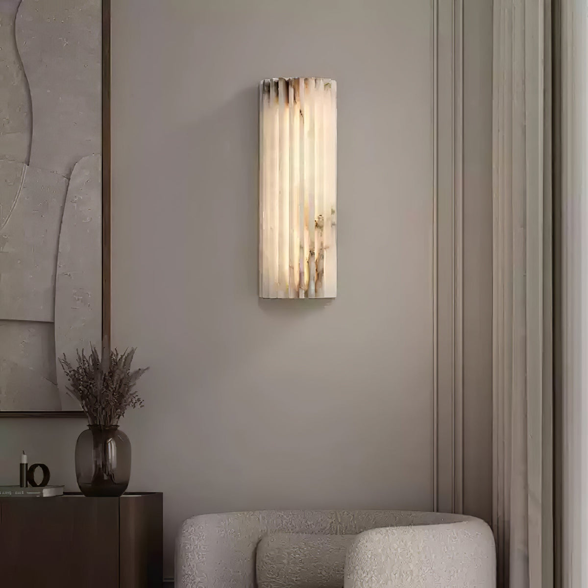 Alabaster Wall Light – Fluted Stone Design with Metal Frame