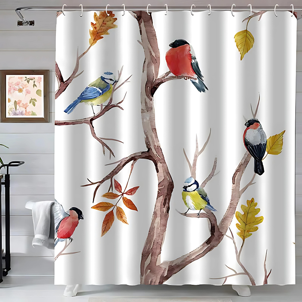 Microfiber Shower Curtain with Vintage Bird Motif – Waterproof and Washable