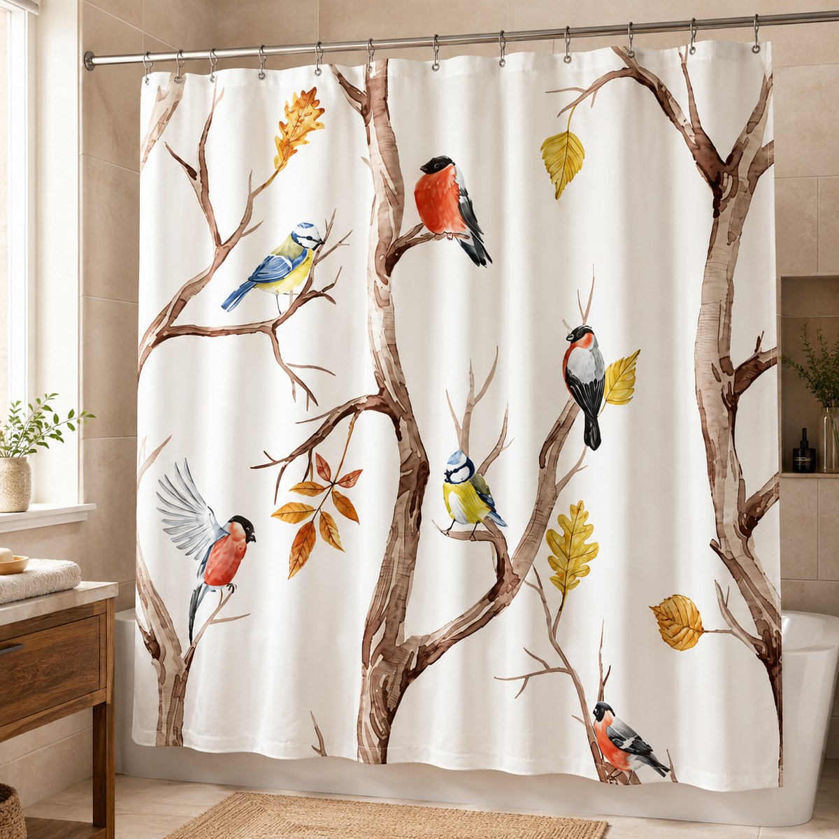 Microfiber Shower Curtain with Vintage Bird Motif – Waterproof and Washable