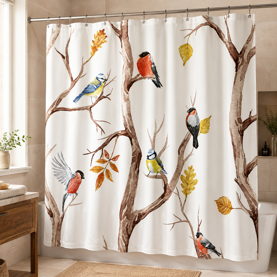 Microfiber Shower Curtain with Vintage Bird Motif – Waterproof and Washable