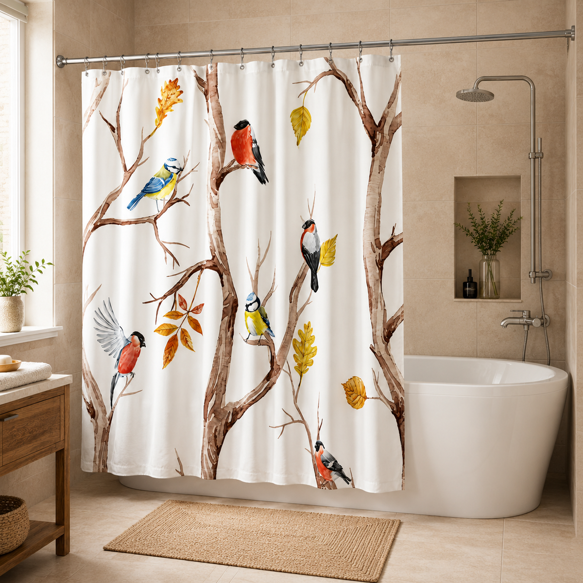 Microfiber Shower Curtain with Vintage Bird Motif – Waterproof and Washable