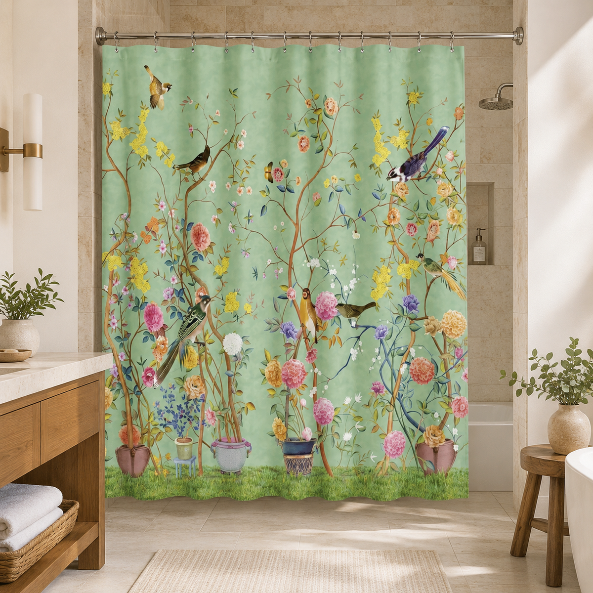 Vintage Floral Print Shower Curtain in Shades of Green