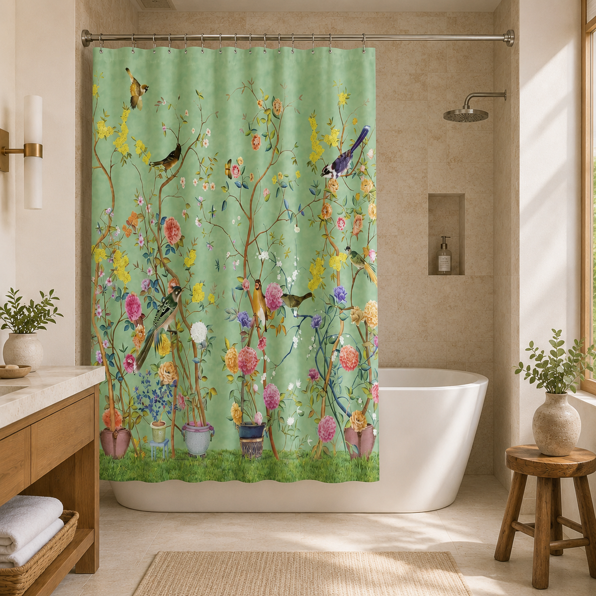 Vintage Floral Print Shower Curtain in Shades of Green