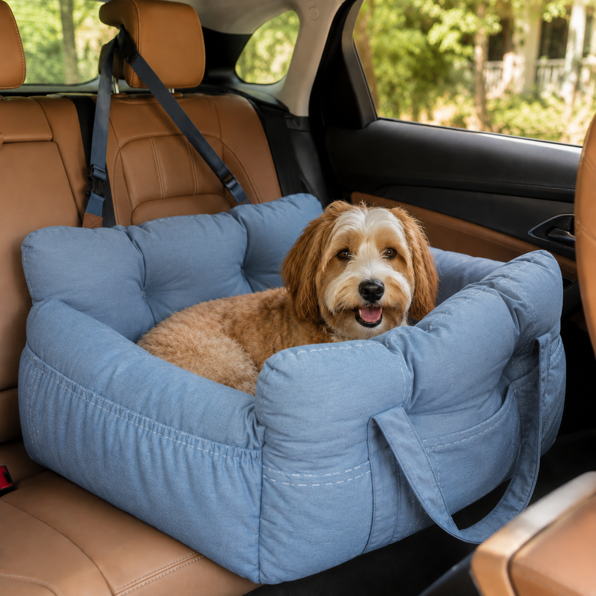 Portable Cotton Dog Bed with Adjustable Safety Harness for Car and Travel
