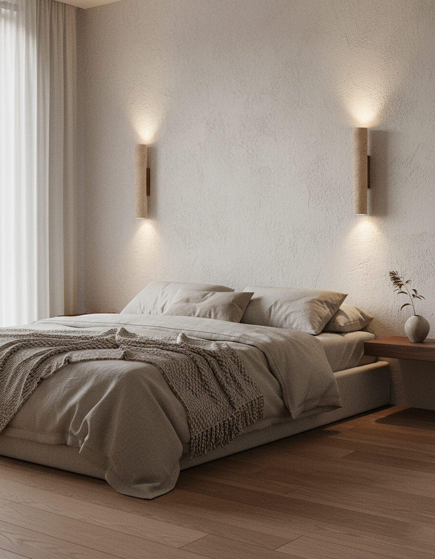 Beige Travertine Wall Light – Walnut Base