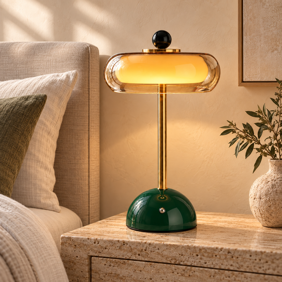Glass Table Lamp with Alabaster Shade for Living Room and Bedroom