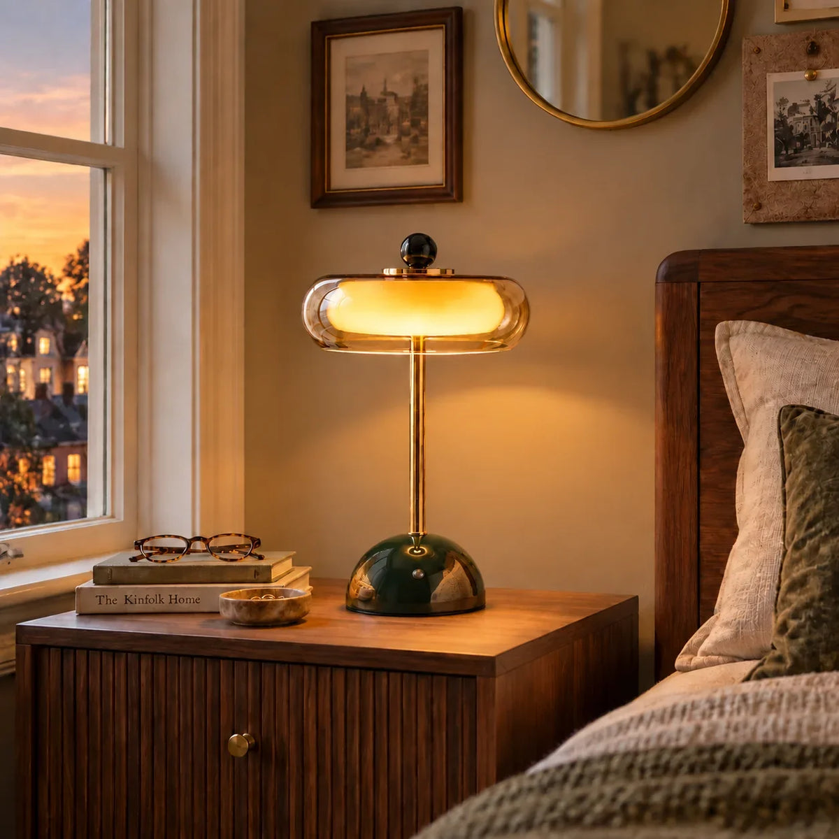 Glass Table Lamp with Alabaster Shade for Living Room and Bedroom