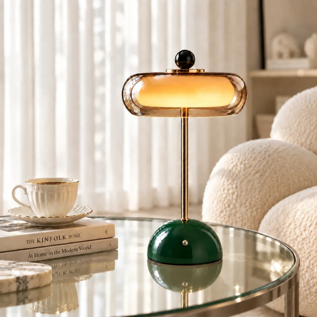 Glass Table Lamp with Alabaster Shade for Living Room and Bedroom