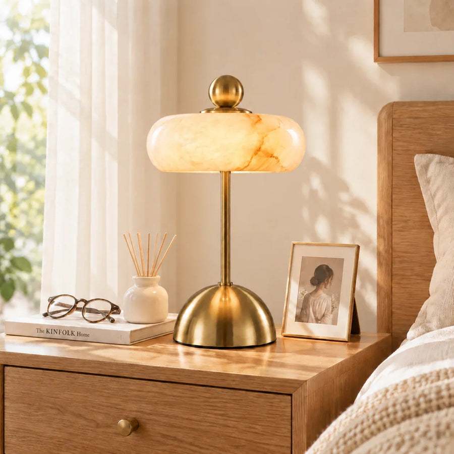 Glass Table Lamp with Alabaster Shade for Living Room and Bedroom