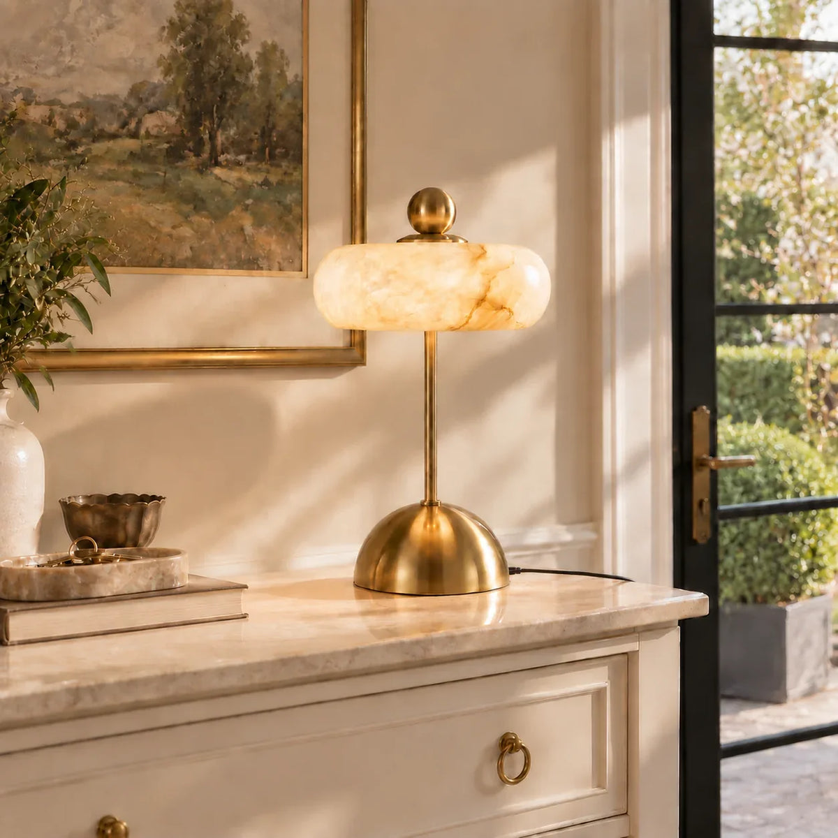 Glass Table Lamp with Alabaster Shade for Living Room and Bedroom