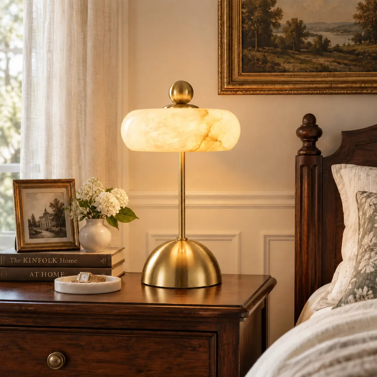 Glass Table Lamp with Alabaster Shade for Living Room and Bedroom