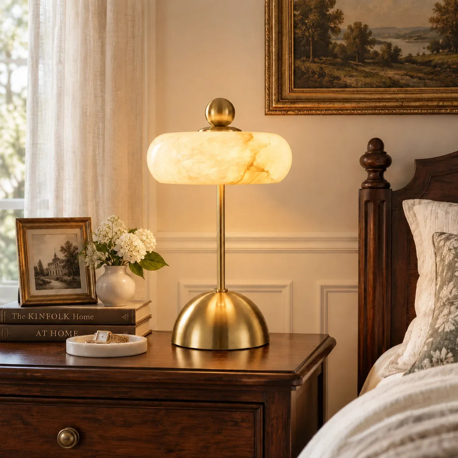 Glass Table Lamp with Alabaster Shade for Living Room and Bedroom