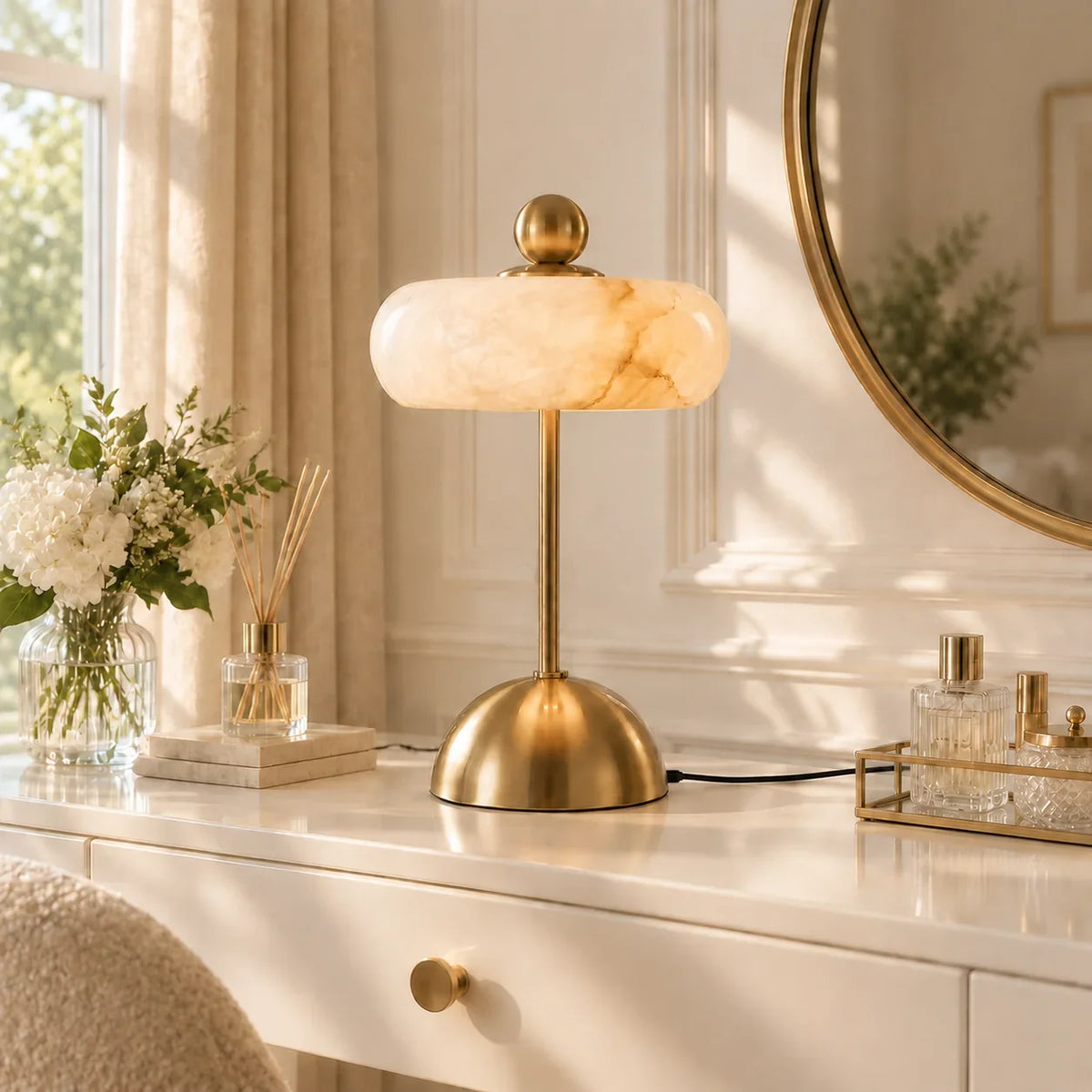 Glass Table Lamp with Alabaster Shade for Living Room and Bedroom
