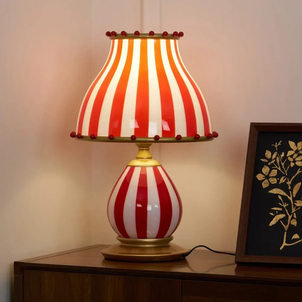 Metal Table Lamp with Red Striped Shade and Gold-Plated Details