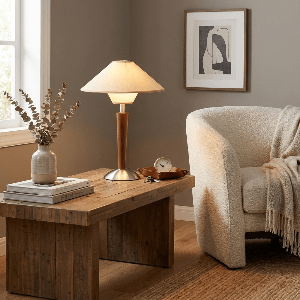 Wooden Table Lamp – Classic Design with Warm Light and Metal Base