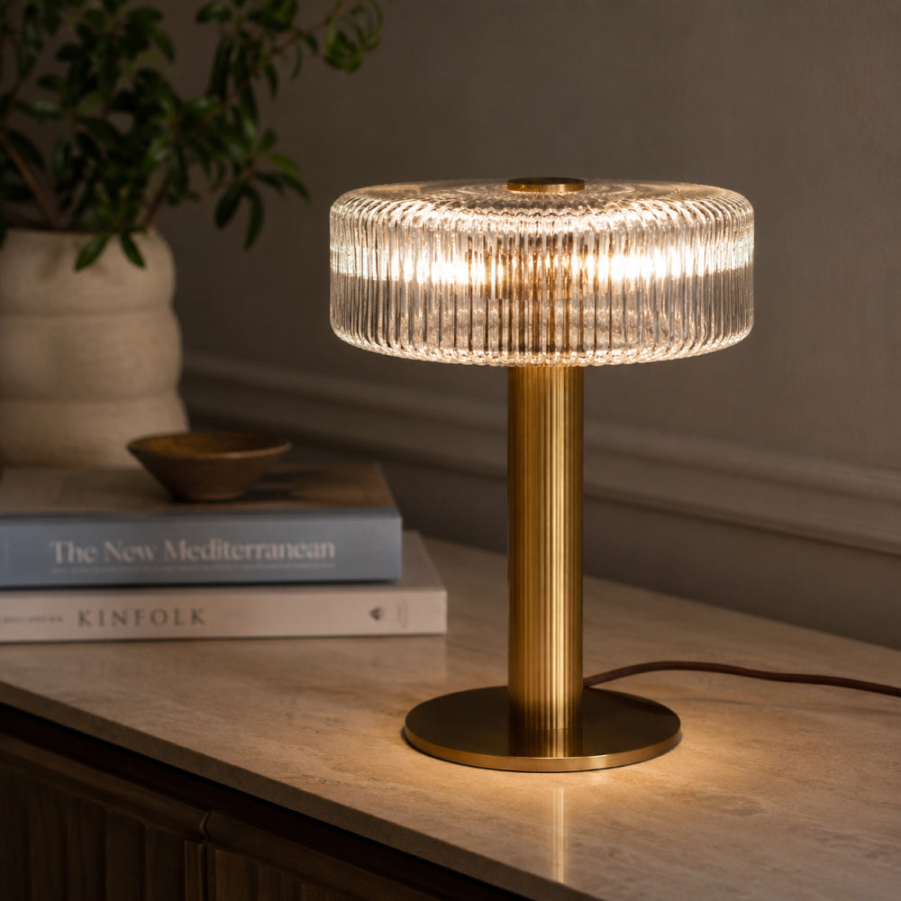 Table Lamp with Hammered Copper Base and Ribbed Glass Shade – Vintage Design, Dimmable