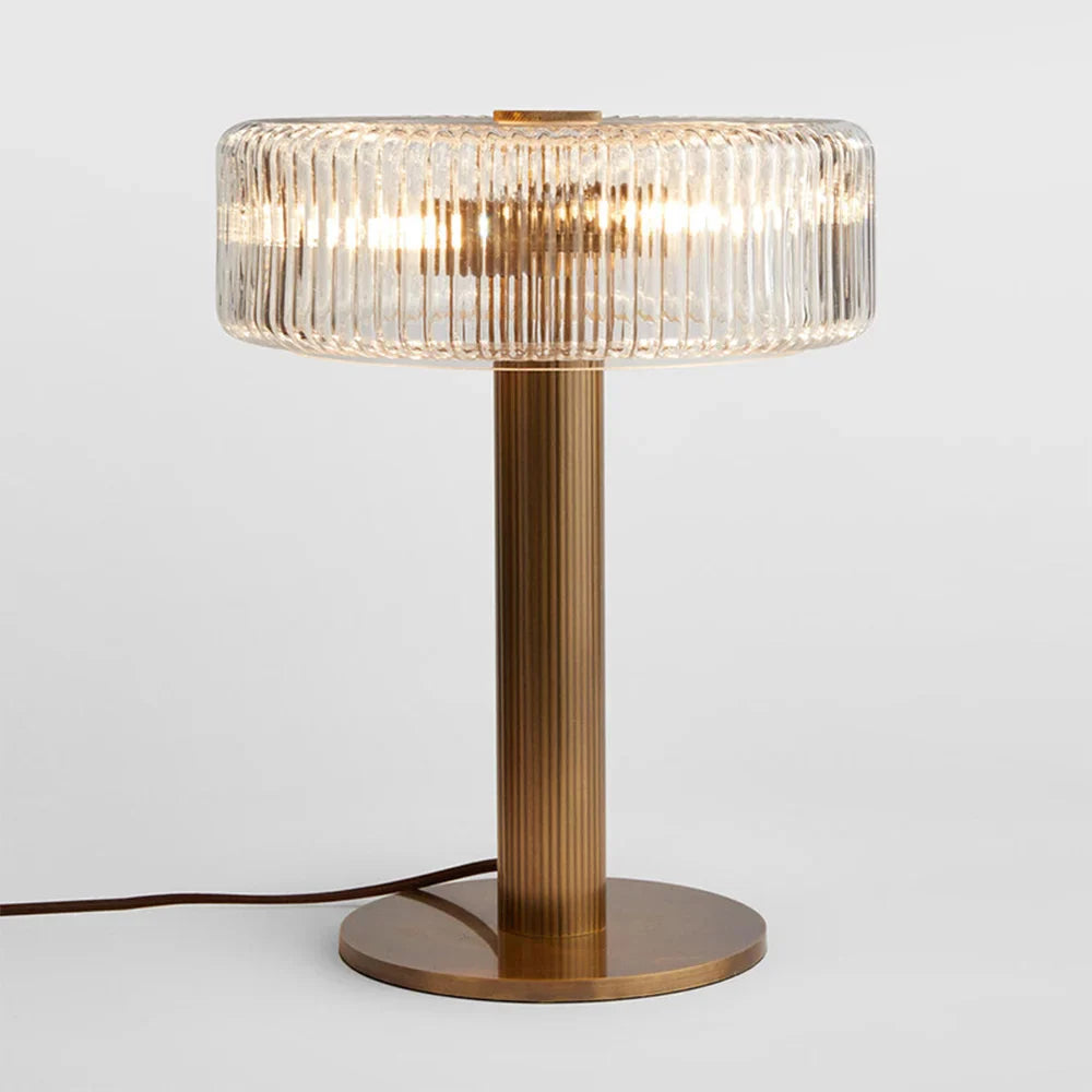 Table Lamp with Hammered Copper Base and Ribbed Glass Shade – Vintage Design, Dimmable