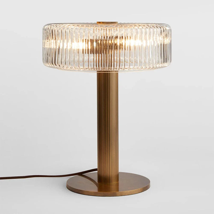 Table Lamp with Hammered Copper Base and Ribbed Glass Shade – Vintage Design, Dimmable