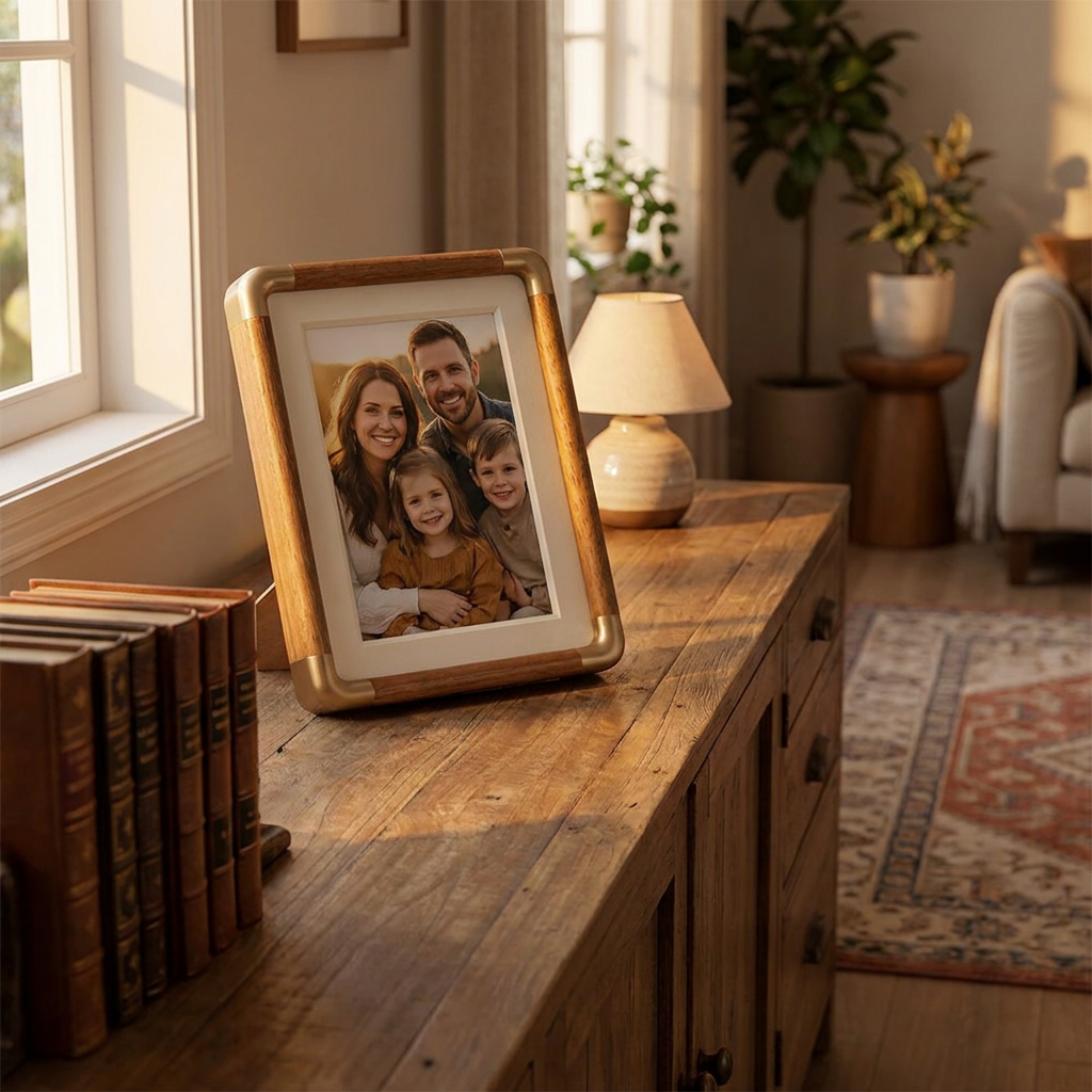 Solid Wood and Brass Tabletop Photo Frame – Vintage Design