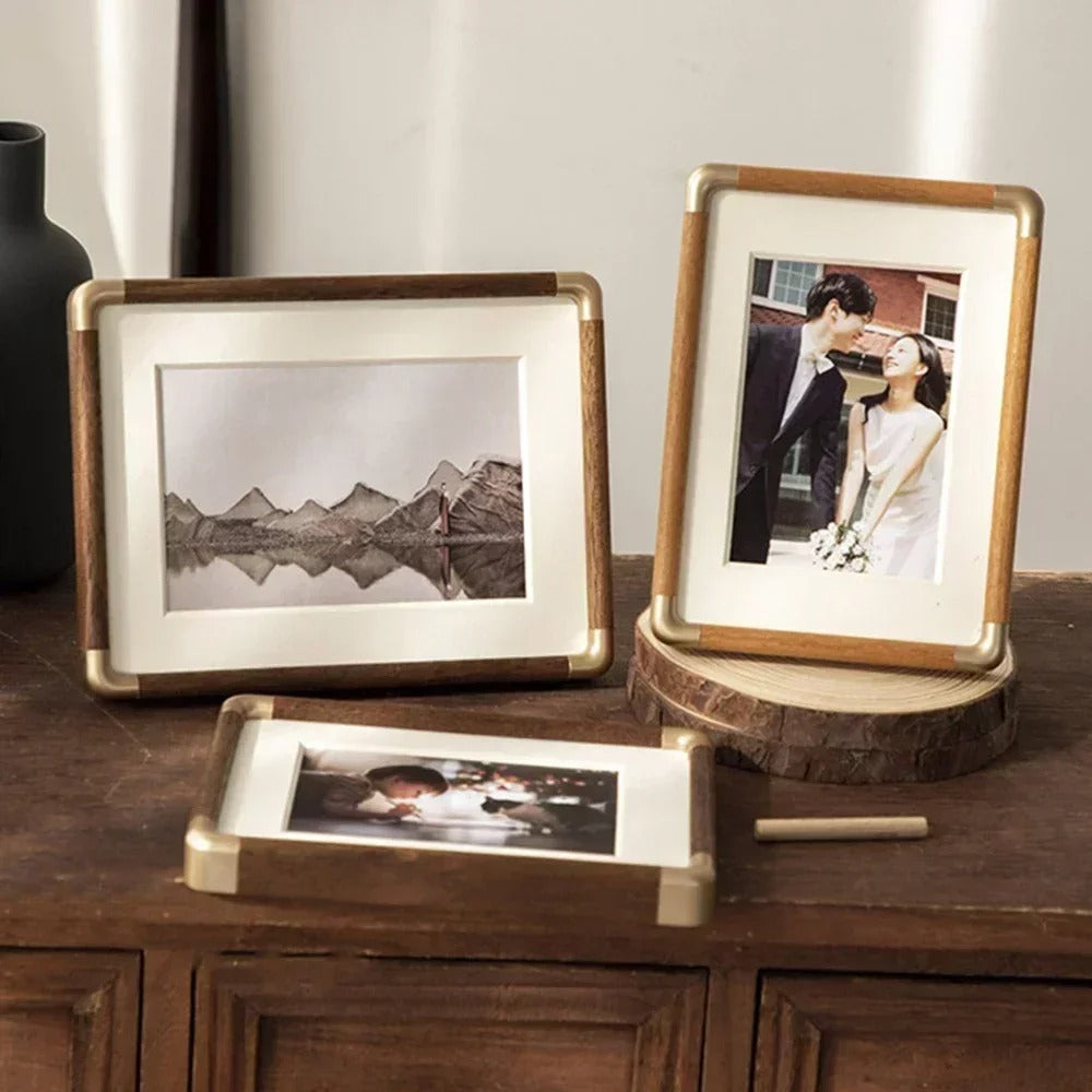 Solid Wood and Brass Tabletop Photo Frame – Vintage Design