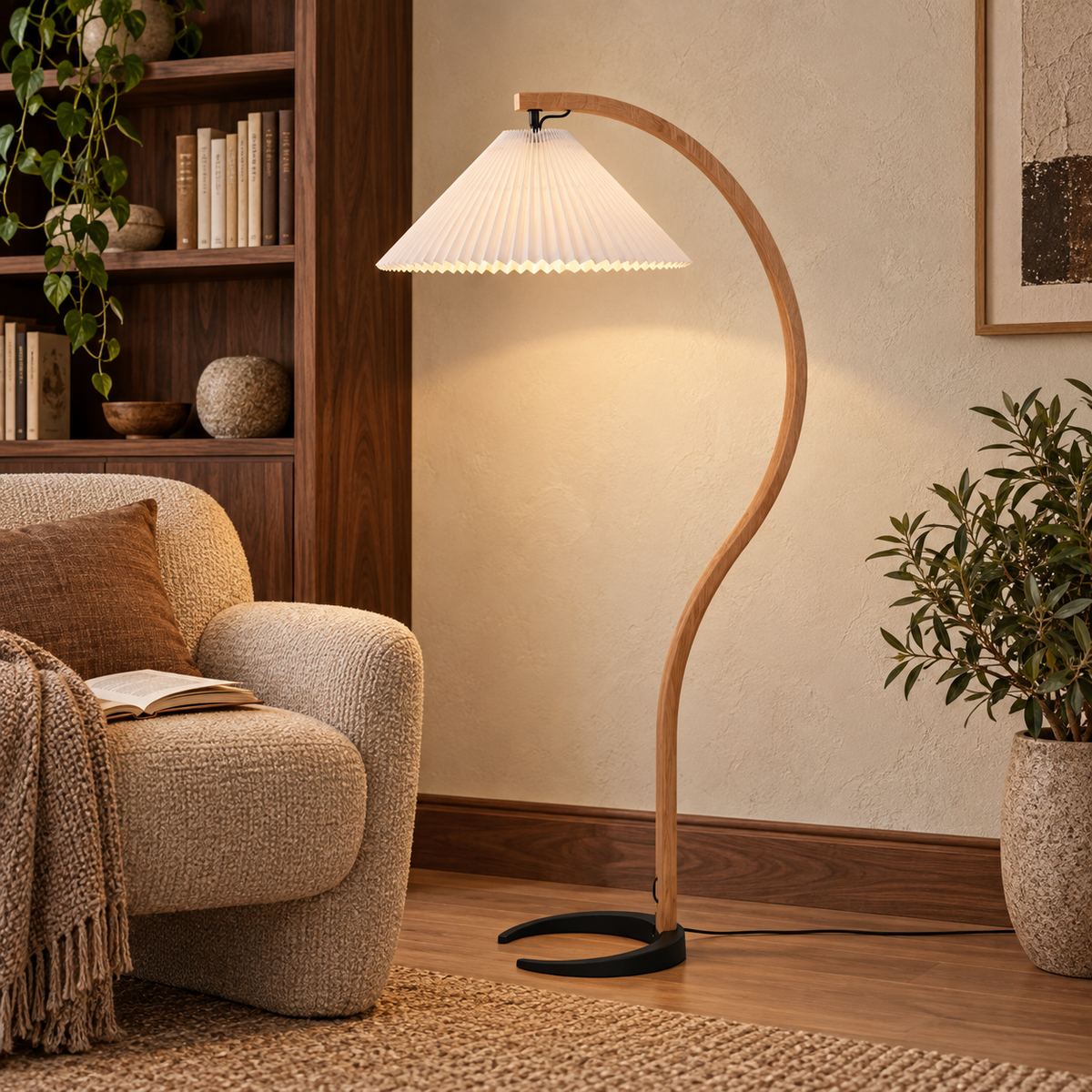 Arched Birch Floor Lamp with Pleated Shade for Living Room and Reading Nook