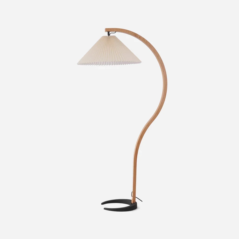 Arched Birch Floor Lamp with Pleated Shade for Living Room and Reading Nook