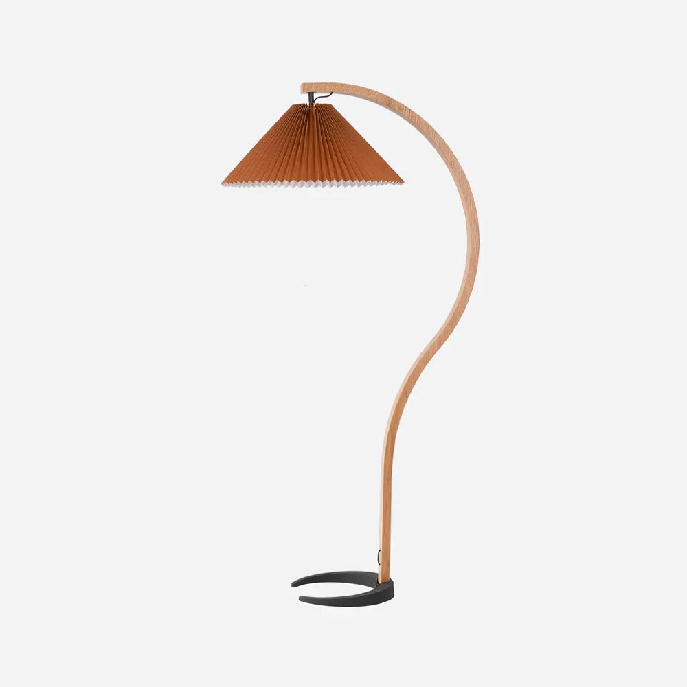 Arched Birch Floor Lamp with Pleated Shade for Living Room and Reading Nook