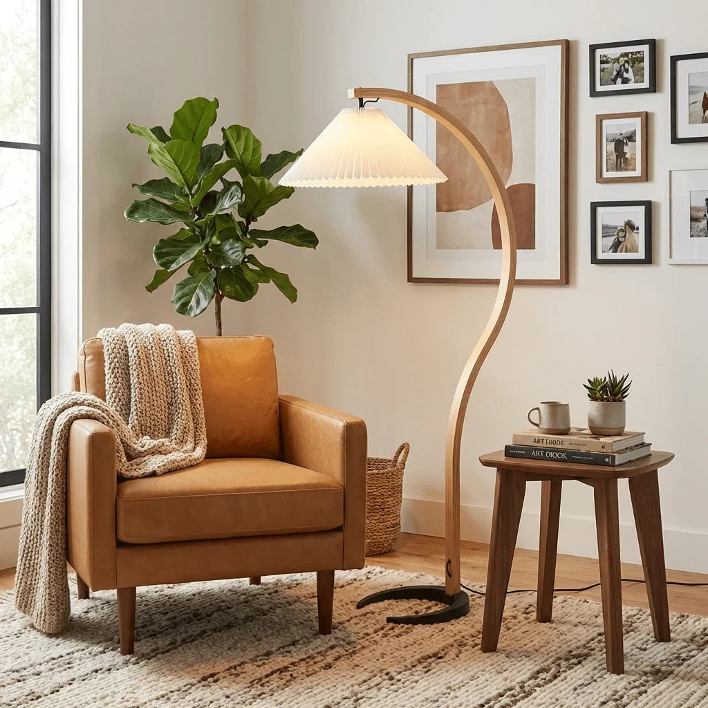 Arched Birch Floor Lamp with Pleated Shade for Living Room and Reading Nook