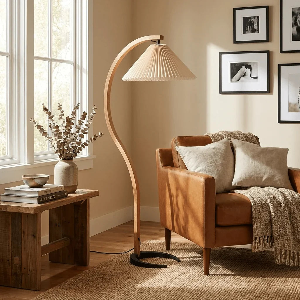 Arched Birch Floor Lamp with Pleated Shade for Living Room and Reading Nook