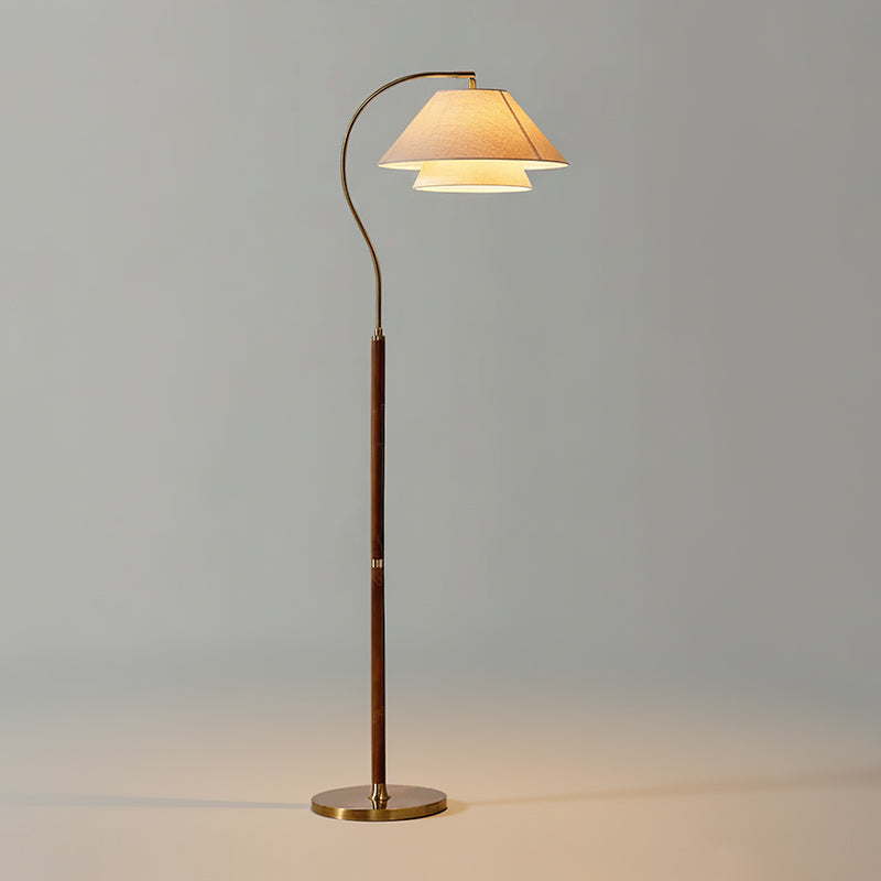 Arched Walnut Floor Lamp with Brass Details and Double Linen Shade for Reading Nooks
