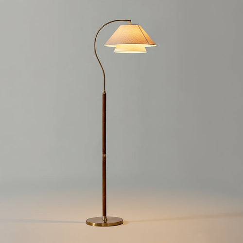 Arched Walnut Floor Lamp with Brass Details and Double Linen Shade for Reading Nooks