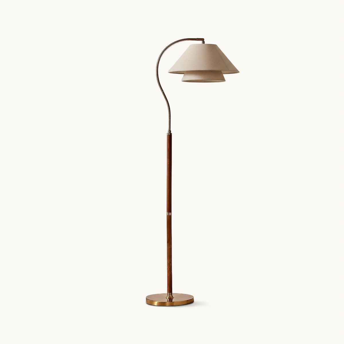 Arched Walnut Floor Lamp with Brass Details and Double Linen Shade for Reading Nooks