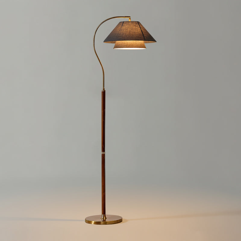 Arched Walnut Floor Lamp with Brass Details and Double Linen Shade for Reading Nooks