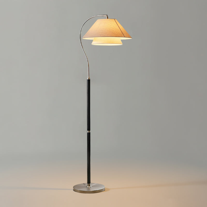 Arched Walnut Floor Lamp with Brass Details and Double Linen Shade for Reading Nooks
