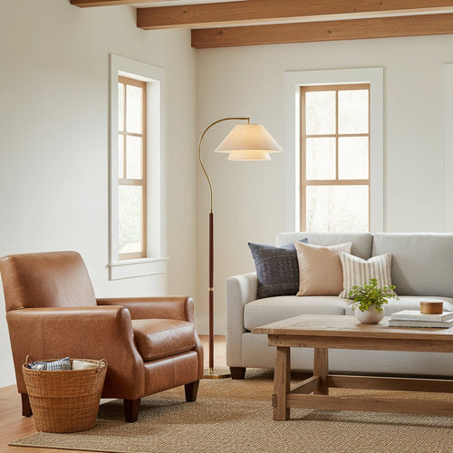Arched Walnut Floor Lamp with Brass Details and Double Linen Shade for Reading Nooks