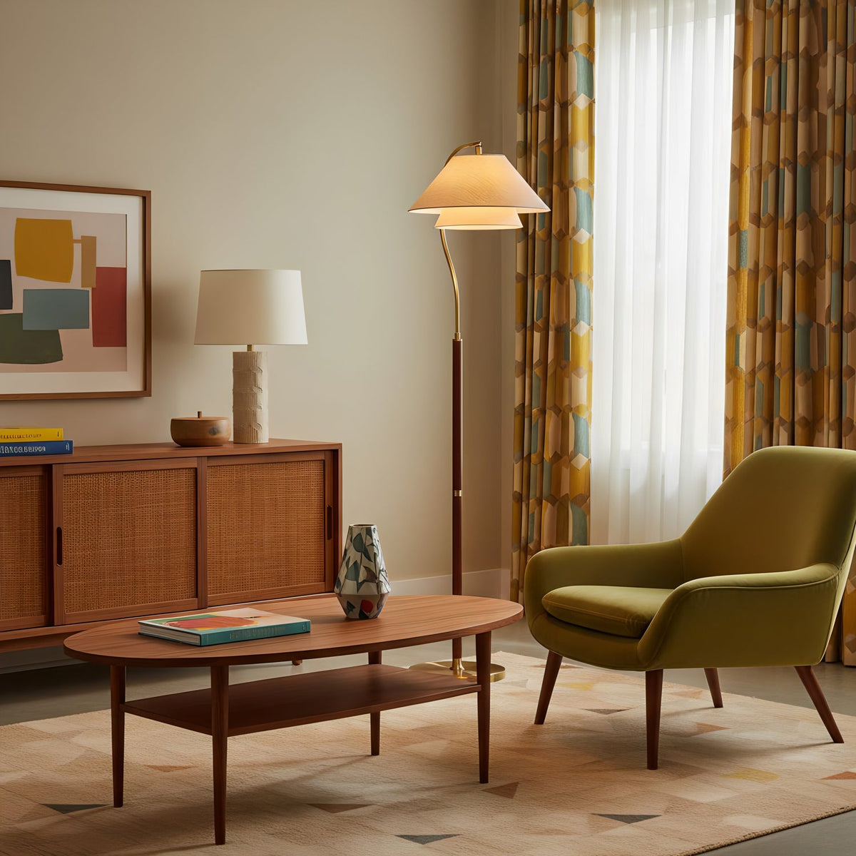 Arched Walnut Floor Lamp with Brass Details and Double Linen Shade for Reading Nooks