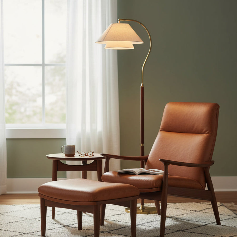 Arched Walnut Floor Lamp with Brass Details and Double Linen Shade for Reading Nooks