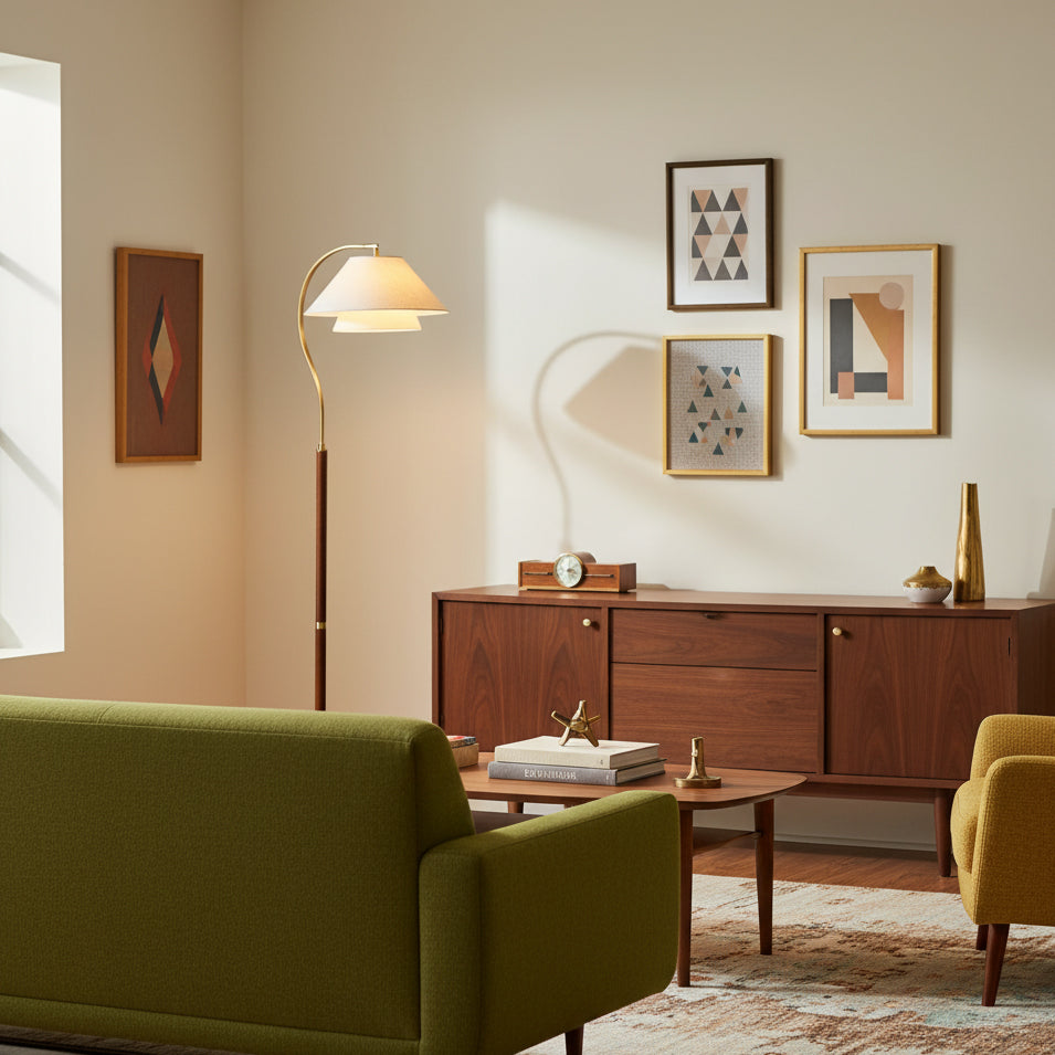 Arched Walnut Floor Lamp with Brass Details and Double Linen Shade for Reading Nooks
