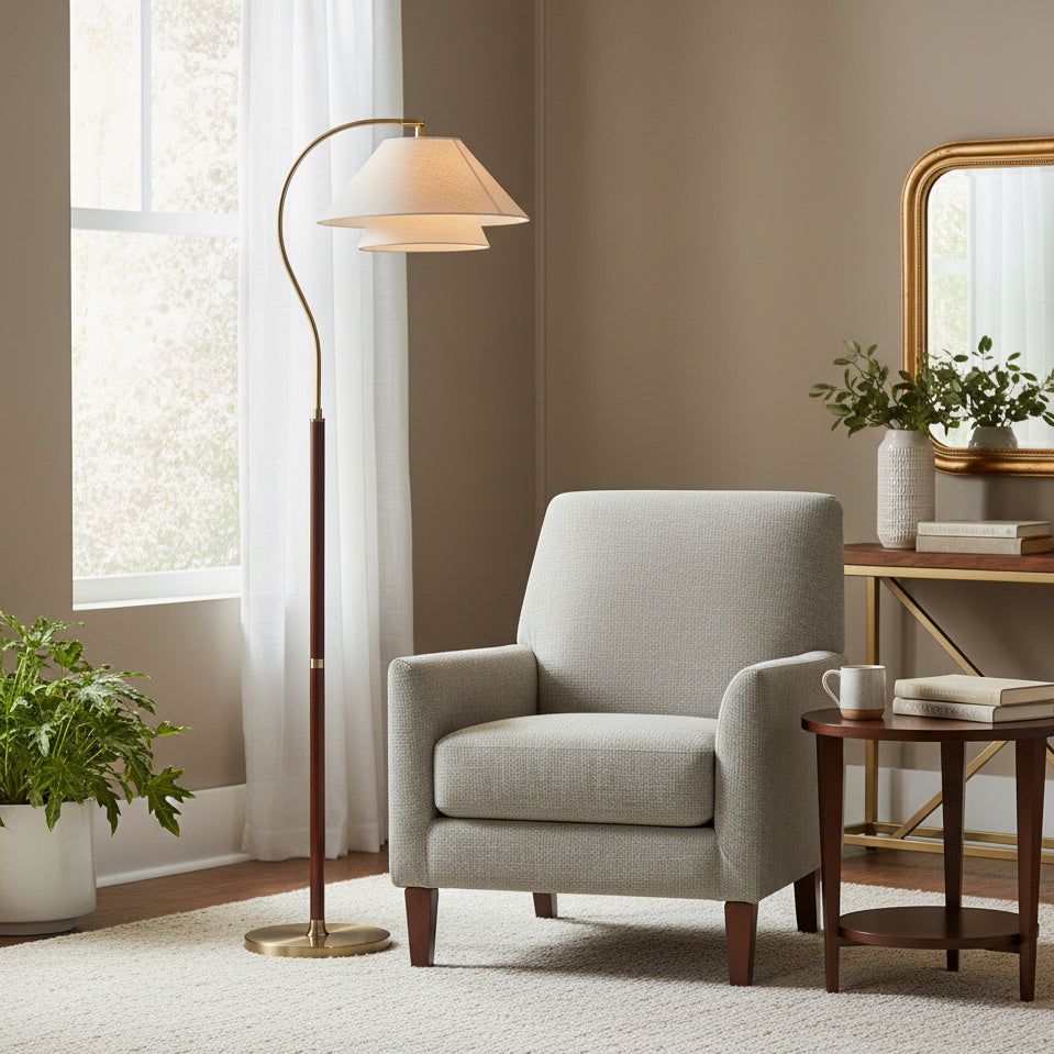 Arched Walnut Floor Lamp with Brass Details and Double Linen Shade for Reading Nooks