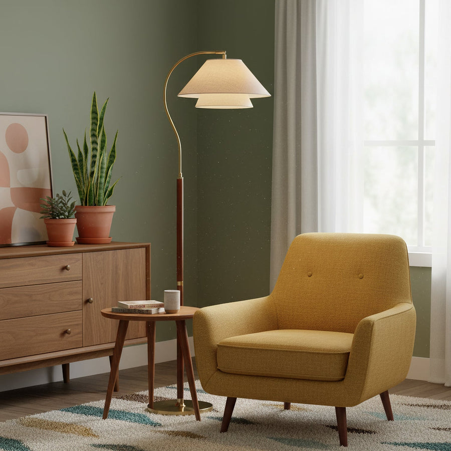Arched Walnut Floor Lamp with Brass Details and Double Linen Shade for Reading Nooks