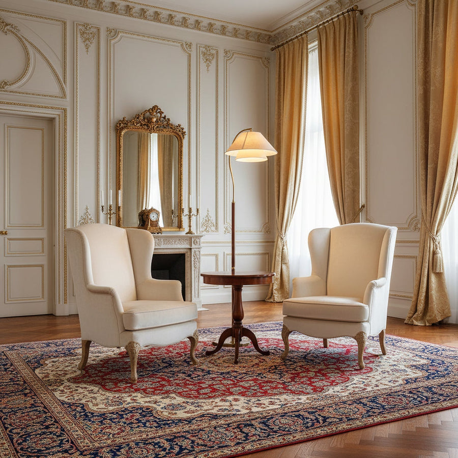 Arched Walnut Floor Lamp with Brass Details and Double Linen Shade for Reading Nooks