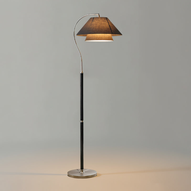 Arched Walnut Floor Lamp with Brass Details and Double Linen Shade for Reading Nooks
